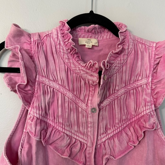 Entro Women’s Pink Sleeveless Ruffle Trim Button Front Denim Top Sz L GUC - Picture 4 of 9